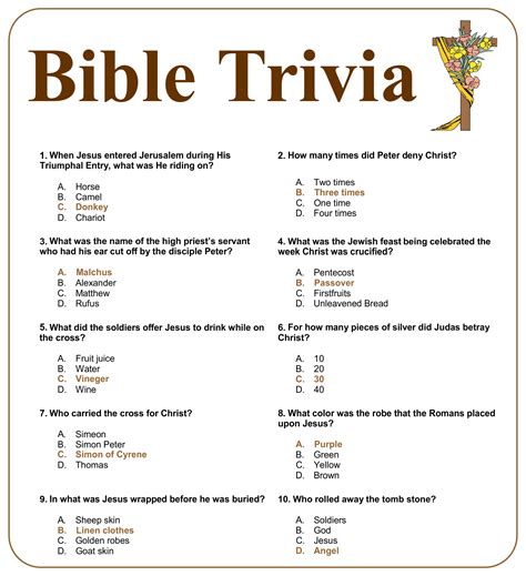 Bible quiz for adults - 15 Hard Bible Trivia Questions and Answers For Adults ... 1. On which day did Jesus rise from the dead? ... 2. How many baskets were left over after Jesus feeding ...